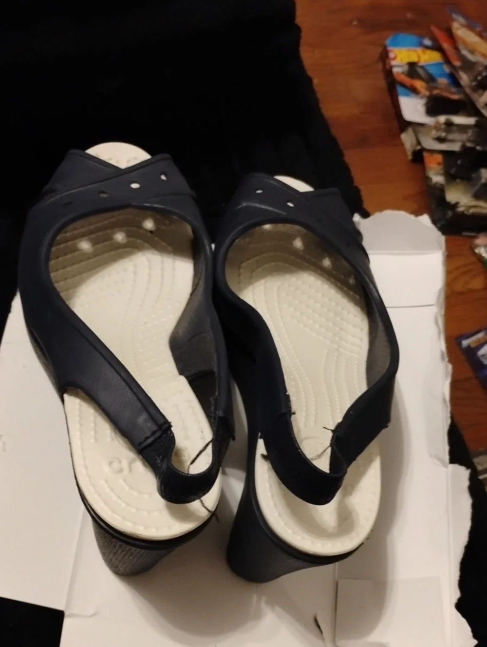 CROCS NAVY BLUE PEEP TOE SLING BACK WEDGE SANDALS EXCELLENT CONDITION